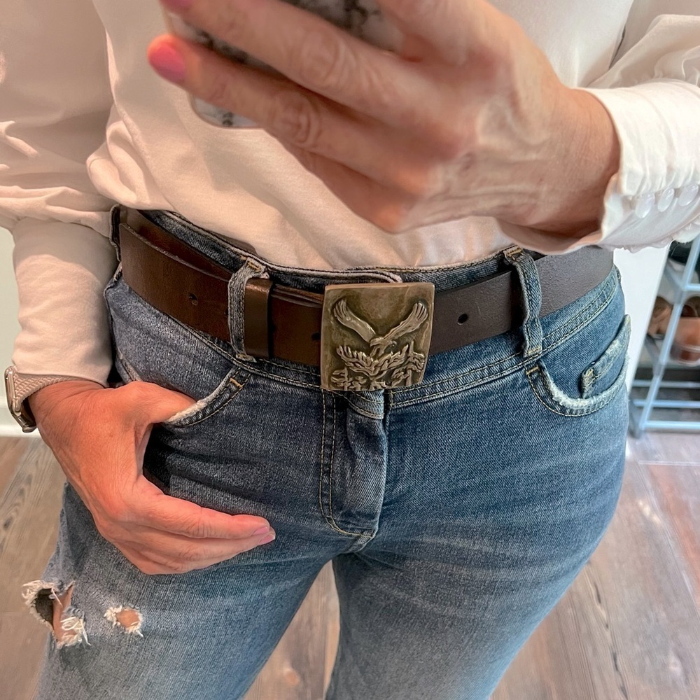 VINTAGE Solid Brass Eagle Belt Buckle Genuine Leather Brown Belt 1976 Anacortes